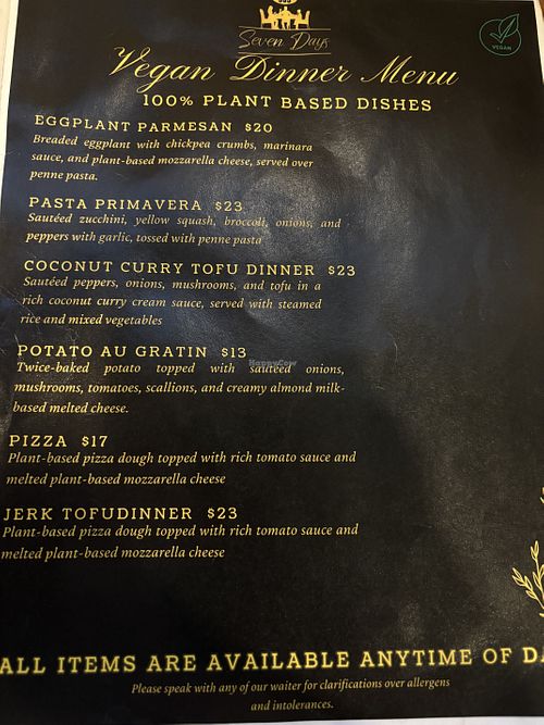 Dinner menu  at Seven Days  in Dennis