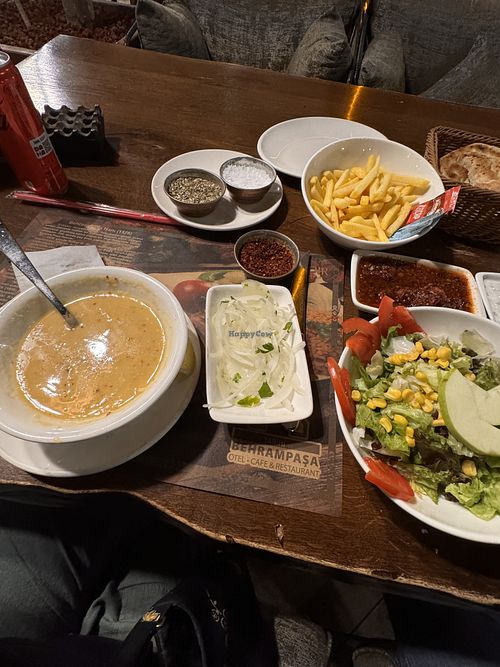 Lentil soup, salsa, potatoes.  at Behram Paşa in Sivas