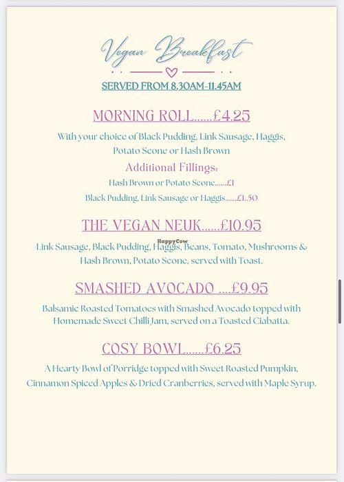 Vegan breakfast menu  at Cafe Neuk  in Stonehaven