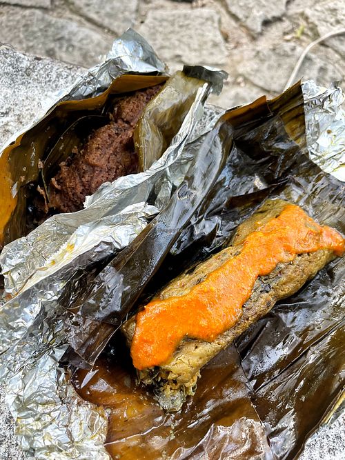 Plantain & bean (dessert one) and green veg (watch out, that sauce is extra spicy)  at Tamales Lataba in Bacalar