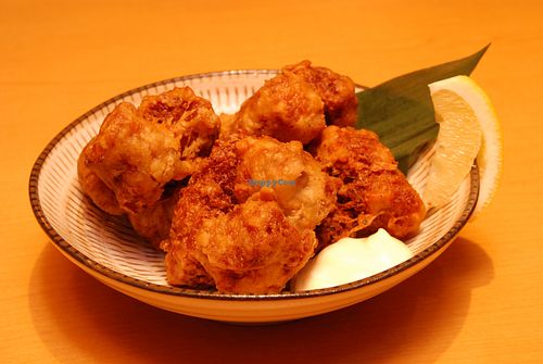 Vegan Izakaya Nowhere's delicious Karaage, served with homemade Mayonnaise. at Vegan Izakaya Nowhere in Tokyo