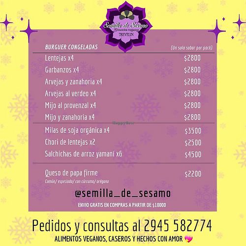 Menu at Semilla de Sésamo in Chubut