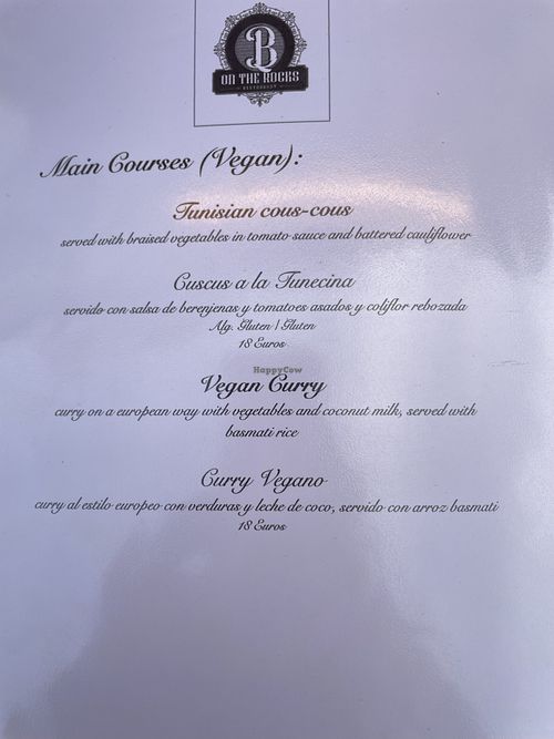 Vegan Menu  at B On The Rocks in Tenerife