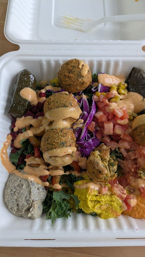 Hummus, falafel, couscous, kale, chickpeas, dolmas, beets,hot peppers, tomatoes plate #Veganuary at Hummus Republic in Oviedo