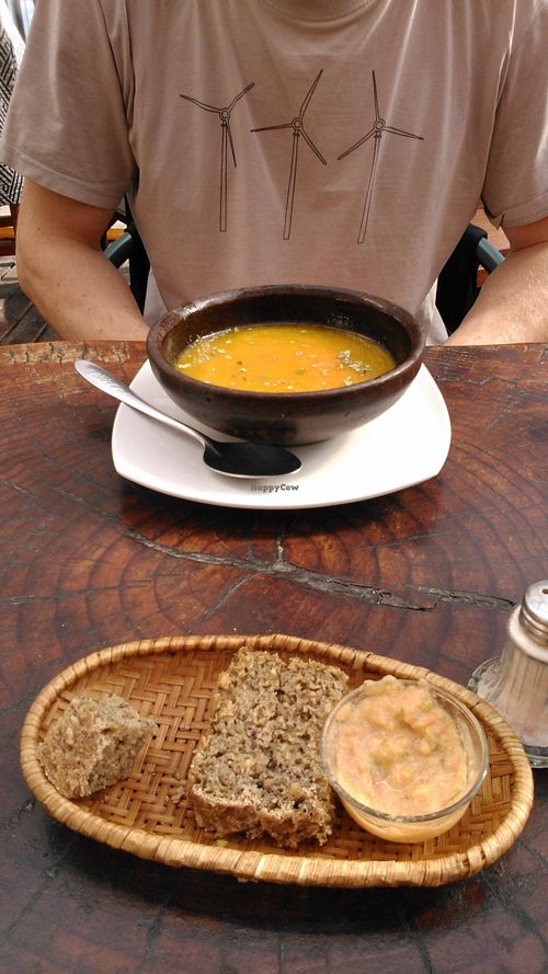 Pumpkin soup and bread at La Fraternal in Santiago