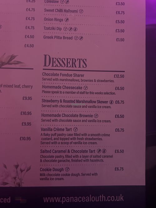 Dessert menu  at The Panacea in Louth