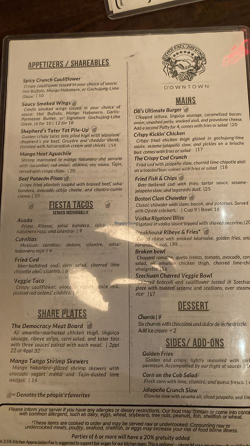 Menu  at Democracy Brewing  in Boston