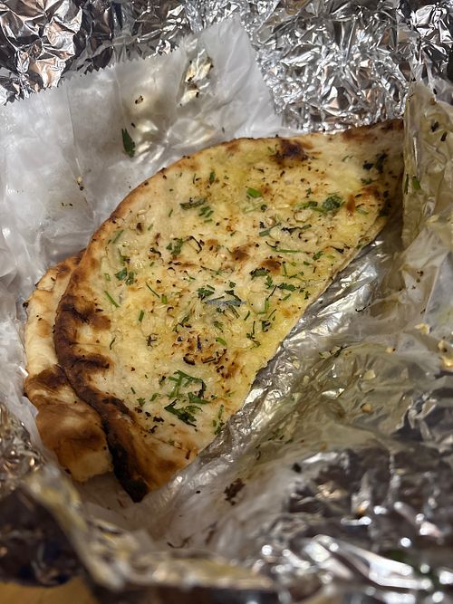 Garlic naan (not vegan) at Lazeez Indian in Wake Forest