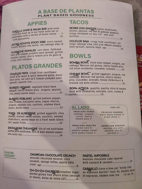 Plant based menu picture at Chilango Modern Mexican in Kelowna