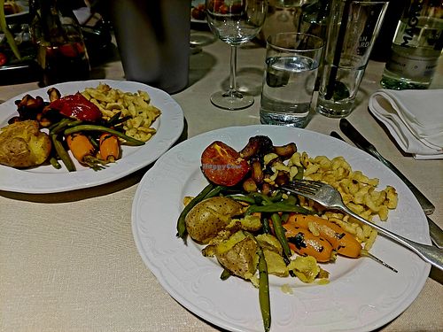 Roasted King Oyster Mushrooms and Cegetables with Potatoes and vegan Spätzle at Gut Mönkhof in Luebeck