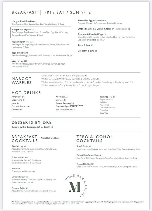 Breakfast menu   at Margot Wine Bar and Eatery in Wigan