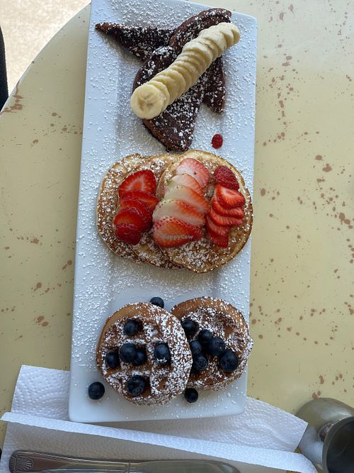 Vegan flight with Banana French toast, pancakes, waffles  at First Bite Grafton in Grafton