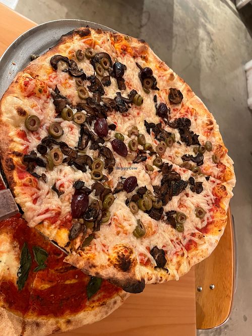 Vegan cheese, mushrooms and olives  at Dylan's Coal Oven Pizzeria in Port Aransas