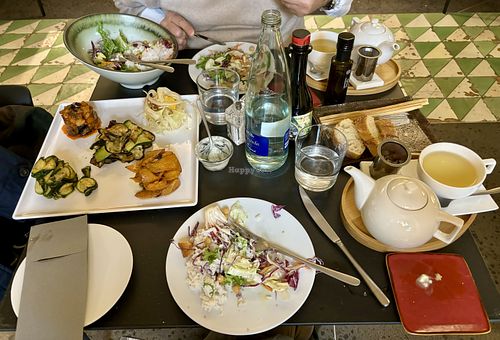 Chick peas, rice and vegetable salad, caponata, grilled zucchini, marinated zucchini, fennel and orange salad   at Le Cattive in Palermo