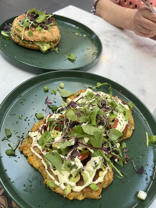 Vegan Fritters and Avo Bagel  at Woolworths Old Bakery  in Cape Town