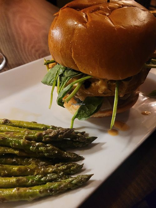Veggie burger and grilled asparagus at The Attic in Tisbury