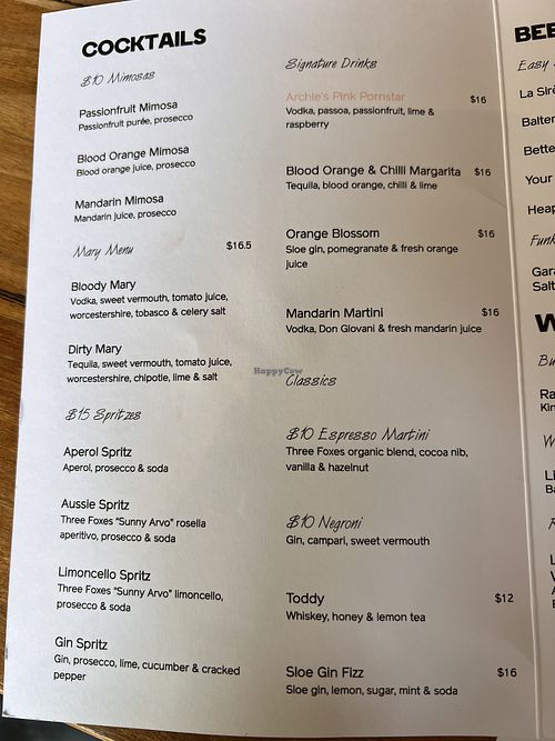 Menu  at Archie's All Day   in Fitzroy