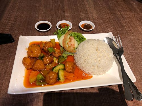 Sweet sour pork rice $5 at Zhenyi Veggie Place 真一素食坊 in Northeast Singapore