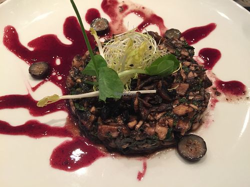 Sublime mushroom tartare with blueberry sauce.  at 42 Degrés in Paris