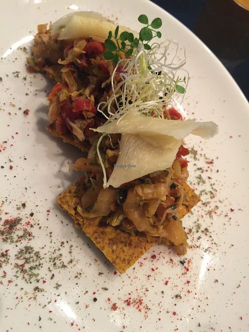 Cilantro/ginger kimchee on a vegetable pancakes. Absolutely wonderful! at 42 Degrés in Paris