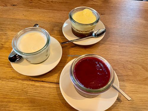 Vegan desserts with mango cream, chocolate mousse with raspberries, tiramisu at Kreiers Alp in Hohenems