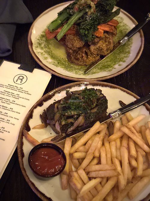 Chunk brand filet topped with mushrooms and accompanied with fries.   at R Bar in Asbury Park