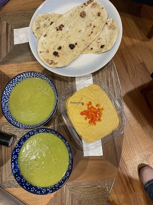 Water vichysoisse with potato and leek, pita bread, chilli & lime hummus   at Chef Victor Andrade in Amesbury