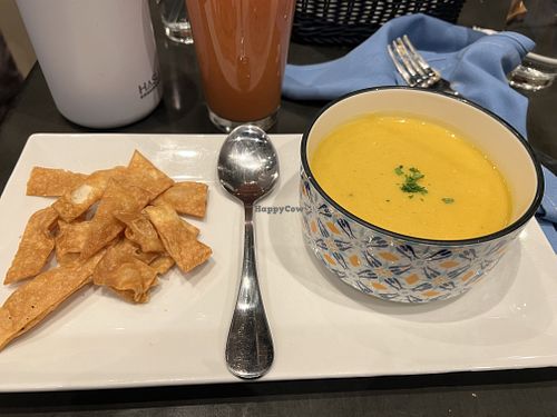 lentil soup. confirmed the chips on the side are vegan and they are- made from tortilla    at Blue Fig Cafe in Moorestown