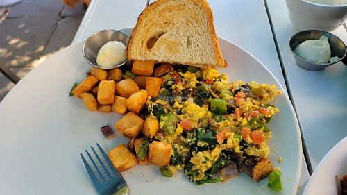 Veggie Scramble but substituted for Vegan eggs/ plant-based eggs at Mornings on First in Livermore