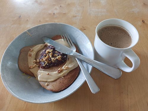 Chai latte and buckwheat pancakes 🥞 at The Green Moustache - Lorimer Rd in Whistler