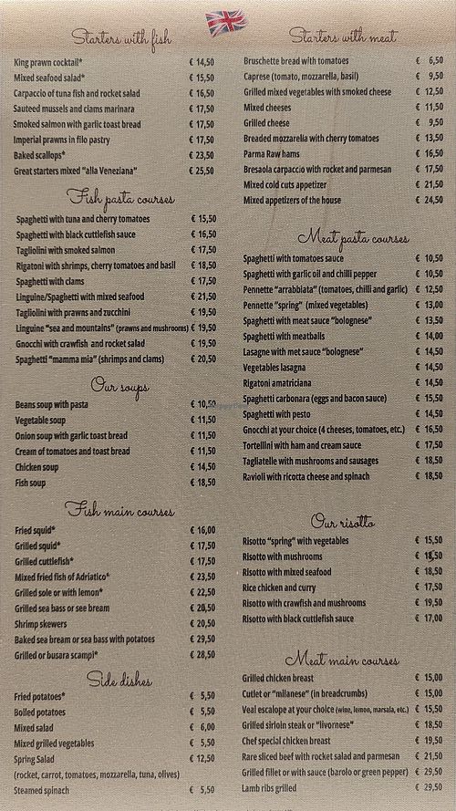 Menu in English at Trattoria Da Gigi in Venice