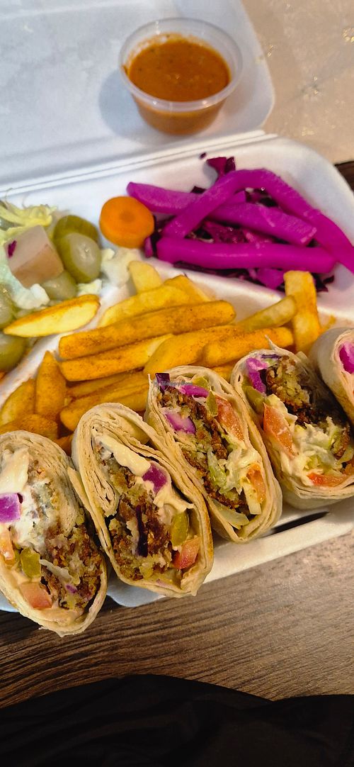 Ask for the wrap with no garlic sauce (yoghurt), they served ours with hummus and chilli sauce at Two Brothers in Airdrie