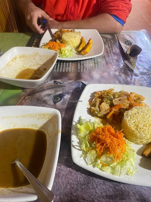 Bean soup with rice, vegetables, salad and plantain at Hostería Cumanday in Villamaria