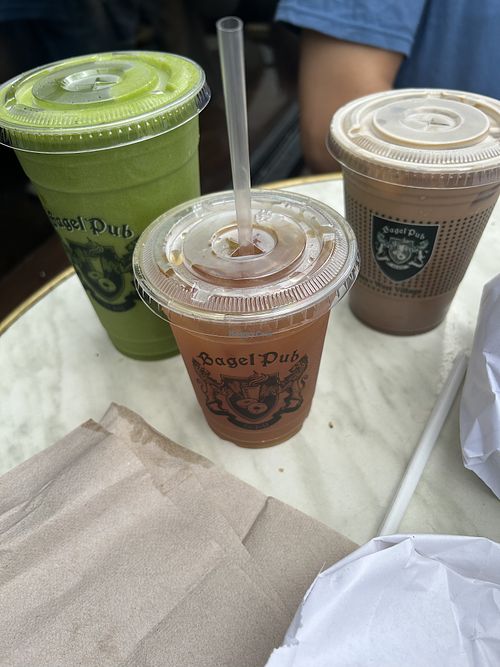 Kale smoothie, iced tea and iced mochaa  at Bagel Pub - Park Slope in Brooklyn