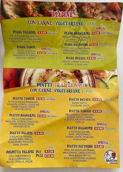 Menu at Spuntino Libanese in Ferrara
