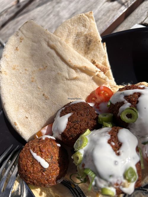 Falafels with salad, pita, hummus and tahinii  at Orbost Club Hotel in Orbost