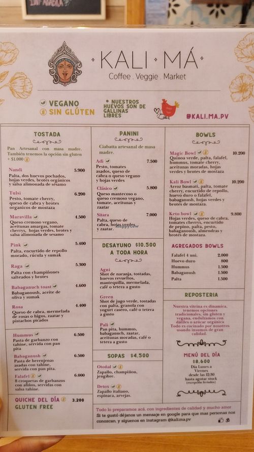 Menu at KALI MA in Puerto Varas