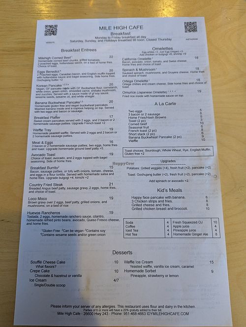 Menu (4/25) at Mile High Cafe in Idyllwild