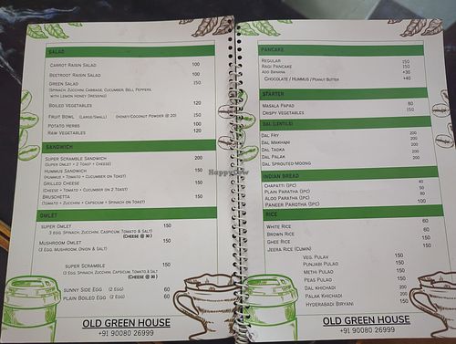 Menu at Old Green House Cafe in Mysore
