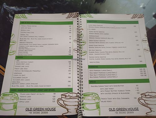 Menu at Old Green House Cafe in Mysore