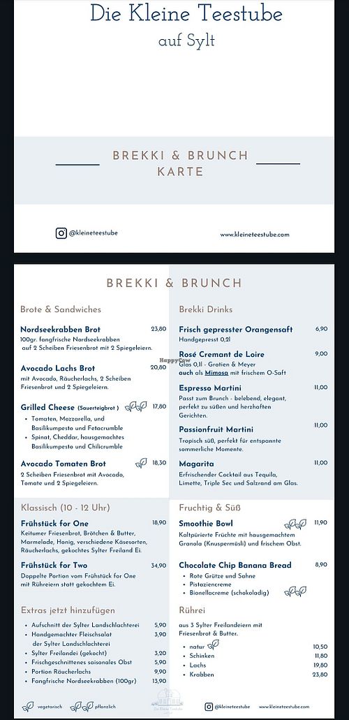 Menu: Grilled Cheese Sandwich, Smoothie bowl and Chocolate Chip Banana Bread are vegan at Die Kleine Teestube auf Sylt - Café & Deli in Sylt