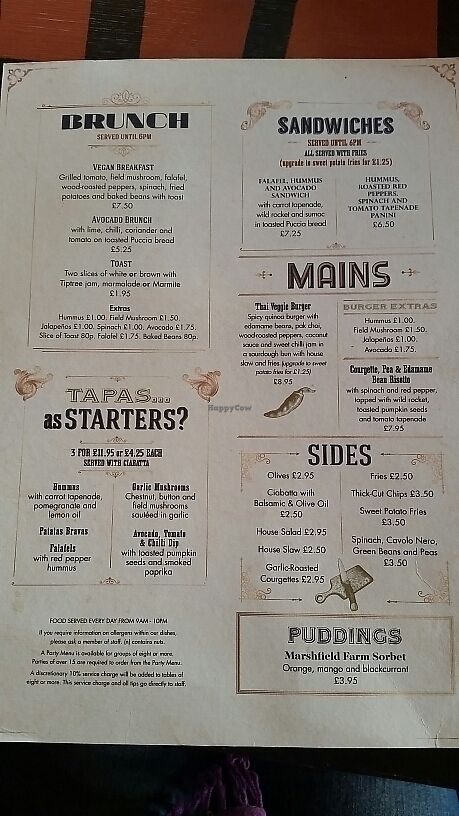 Vegan Menu at The Cosy Club in Cardiff