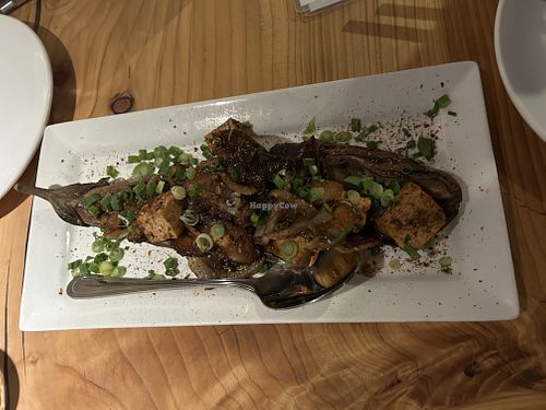 Eggplant with Mapo tofu and mushrooms - excellent!  at Village of OM in Sacramento