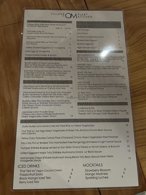Menu   at Village of OM in Sacramento