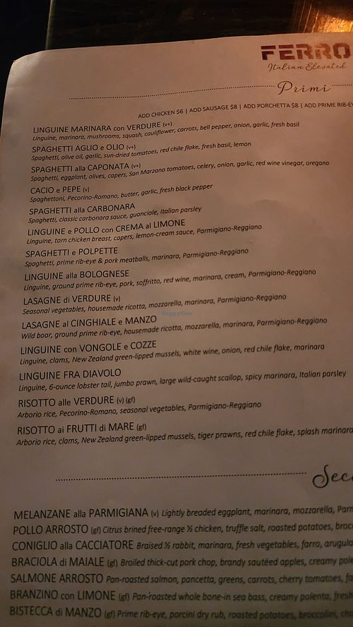 Primi Menu vegan options listen as v+ at FERRO in Idyllwild