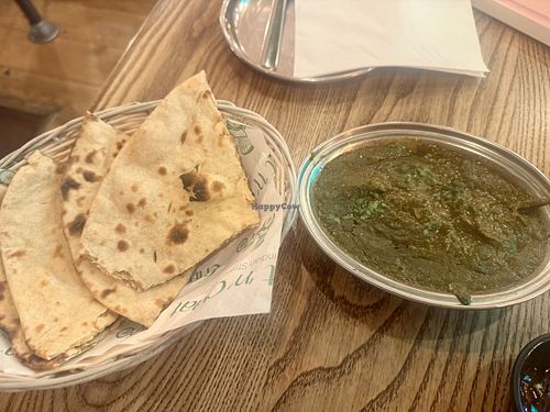 Saag curry with vegan bread (no butter)  at Chit ‘n' Chaat  in Cheadle