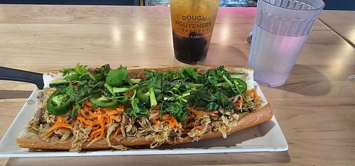 "Vegan" banh mi, NO BUTTER, and a boba tea.  at Dough Nguyener's Bakery in Gretna