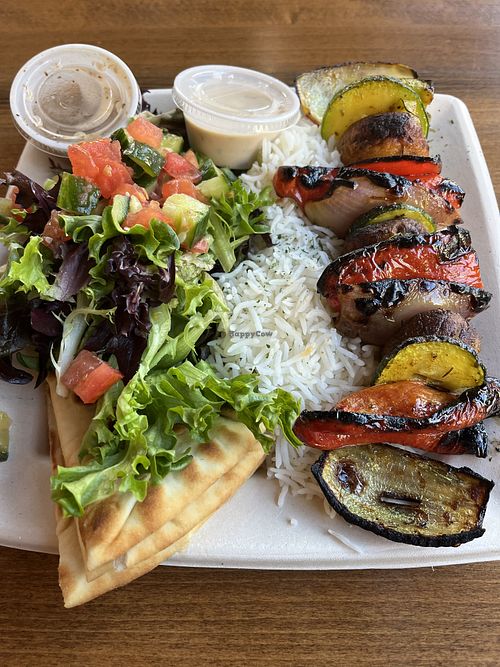  Veggie kabob plate with rice, salad and tahinii  at Luna Grill in Temecula