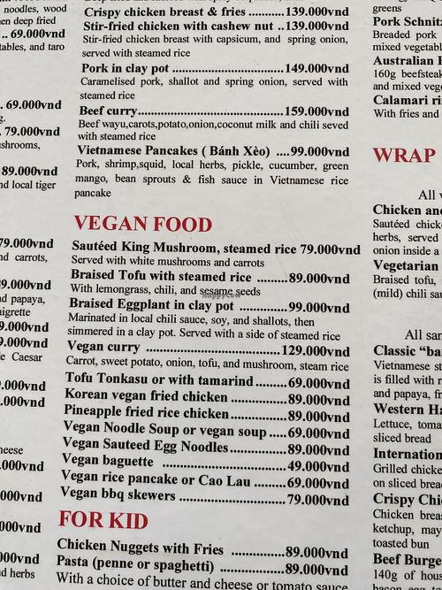 vegan section of the menu   at Tin Restaurant Coffee in Hoi An