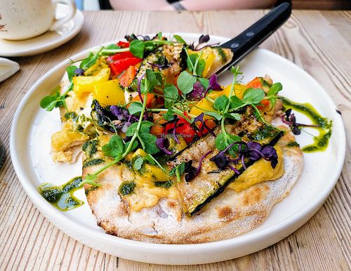 Flatbread w/grilled vegetables and hummus at Le Pain Quotidien - Victoires in Paris